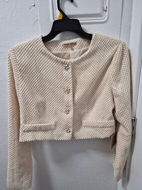 Bailey Rose Ivory Textured Cropped Jacket Pearl Flower Button Size L Long Sleeve